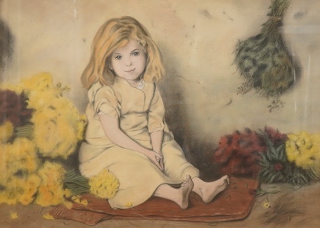 Lewis W. Helyes (1951-2015), Study of a seated young girl amongst flowers, unsigned, pastel, 52 x 74cm, ornate frame
